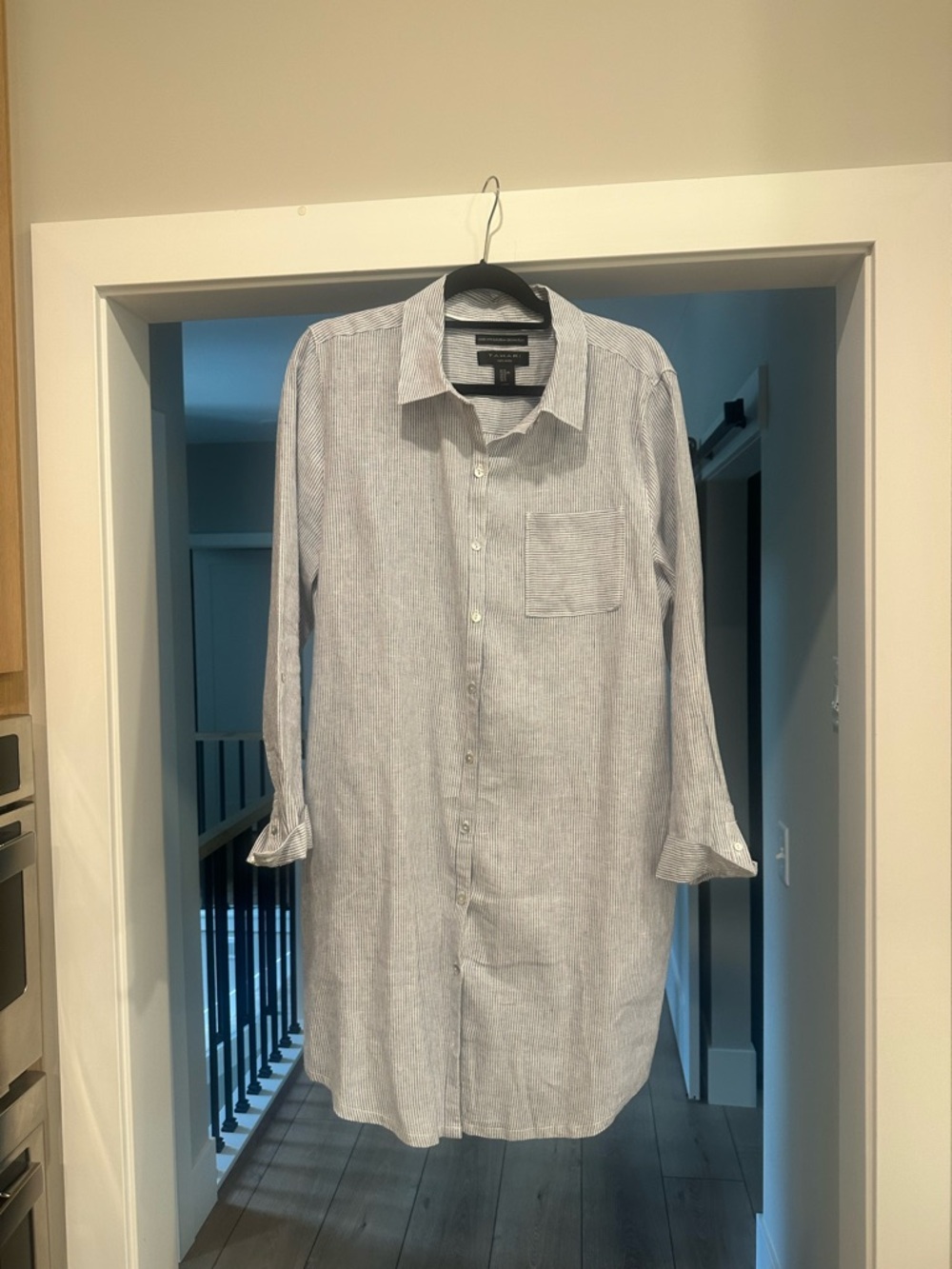 Tahari Light Gray Striped Casual Button-Down Shirt Dress